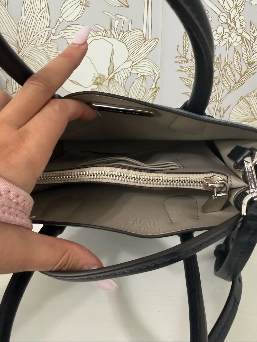 Michael Kors Dusty Blue Pebbled Leather Satchel with Black Trim